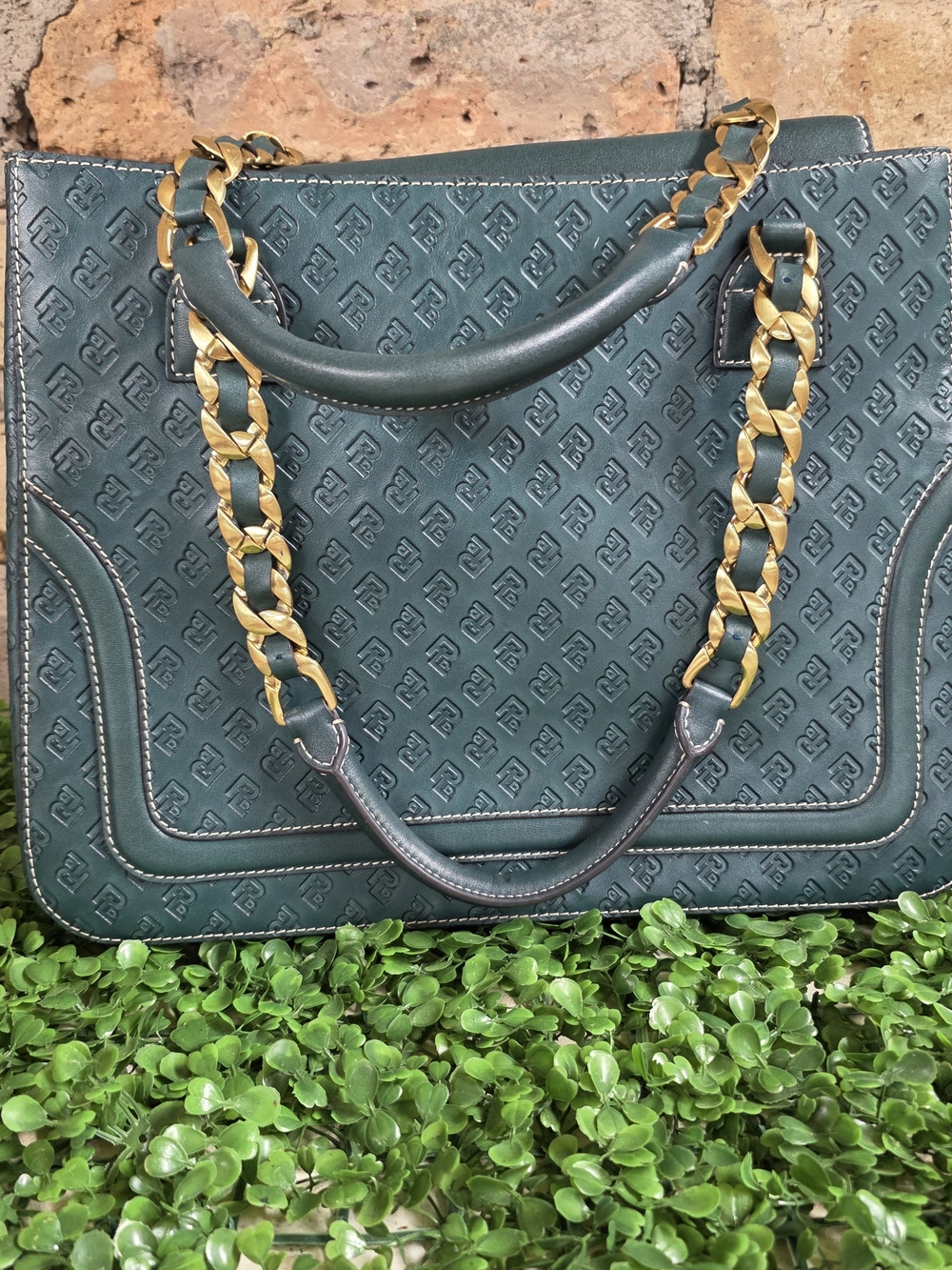 POWERLAND Forest Green Embossed Monogram Tote Bag Gold Chain Straps